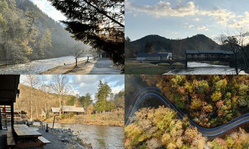 Four images displaying the beauty of Tellico Plains, Tennessee where the HK Architects off grid custom home is built. 