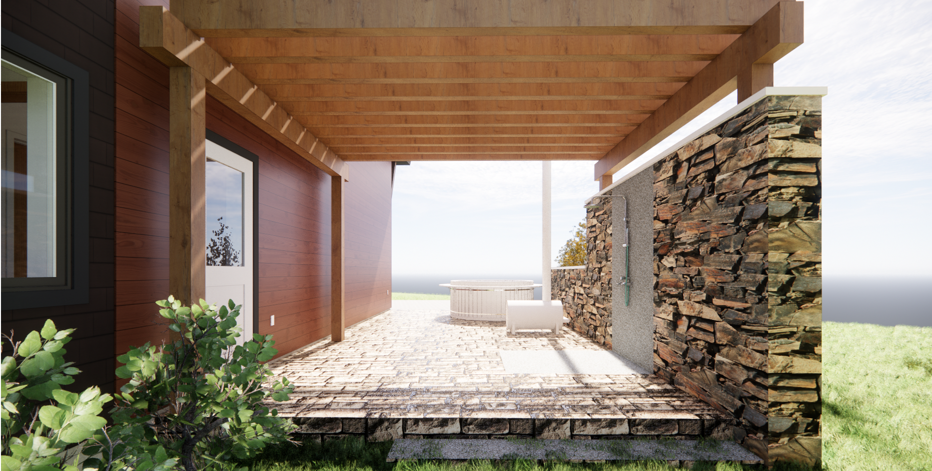 An Enscape rendering of a side porch with white wood fire hot tub. 
